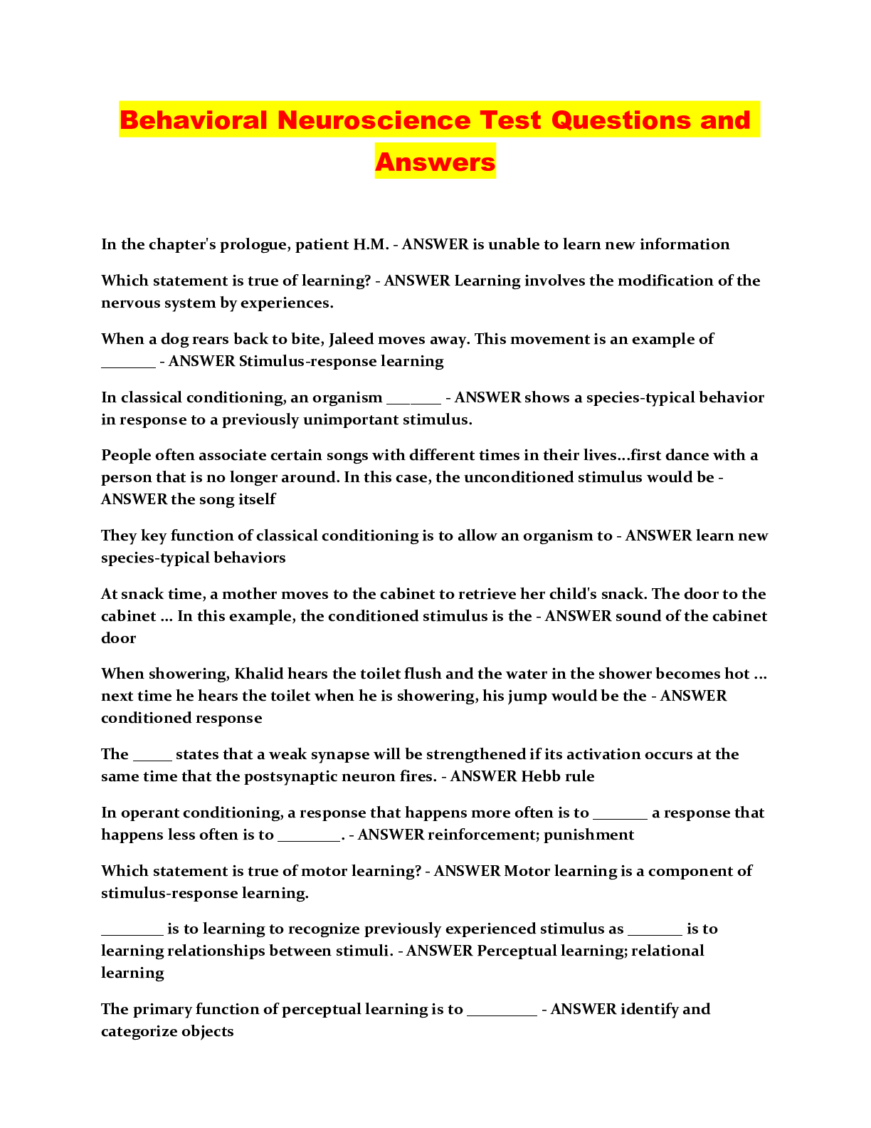 Behavioral Neuroscience Test Questions and Answers